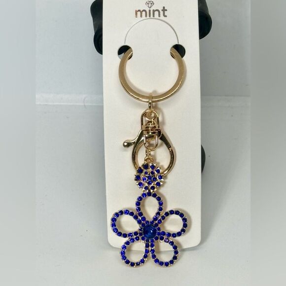 Crystal Flower Keychain Charm - Blue & Gold Accent - Picture 1 of 5